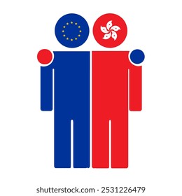 Flat illustration of two human figures with the European Union and Hong Kong flags as heads. Minimalistic design, isolated background.