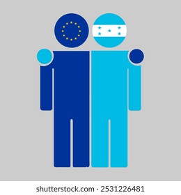 Flat illustration of two human figures with the European Union and Honduras flags as heads. Minimalistic design, isolated background.