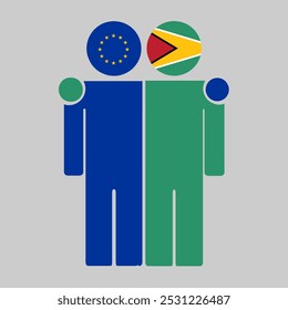 Flat illustration of two human figures with the European Union and Guyana flags as heads. Minimalistic design, isolated background.