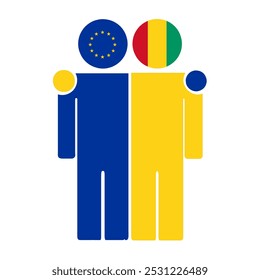 Flat illustration of two human figures with the European Union and Guinea flags as heads. Minimalistic design, isolated background.