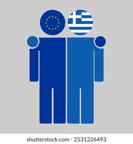 Flat illustration of two human figures with the European Union and Greece flags as heads. Minimalistic design, isolated background.