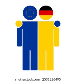 Flat illustration of two human figures with the European Union and Germany flags as heads. Minimalistic design, isolated background.