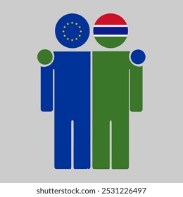Flat illustration of two human figures with the European Union and Gambia flags as heads. Minimalistic design, isolated background.