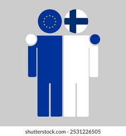 Ilustración plana de dos figuras humanas con banderas de la Unión Europea y Finlandia como cabezas. Diseño minimalista, fondo aislado.