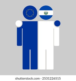 Flat illustration of two human figures with the European Union and El Salvador flags as heads. Minimalistic design, isolated background.