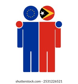 Flat illustration of two human figures with the European Union and East Timor flags as heads. Minimalistic design, isolated background.