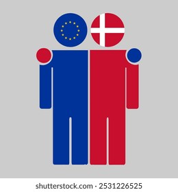 Flat illustration of two human figures with the European Union and Denmark flags as heads. Minimalistic design, isolated background.