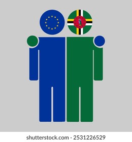 Flat illustration of two human figures with the European Union and Dominica flags as heads. Minimalistic design, isolated background.