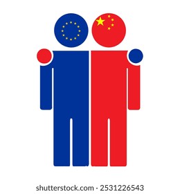Flat illustration of two human figures with the European Union and China flags as heads. Minimalistic design, isolated background.