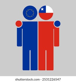 Ilustração plana de duas figuras humanas com as bandeiras da União Europeia e do Chile como cabeças. Design minimalista, fundo isolado.