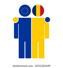 Flat illustration of two human figures with the European Union and Chad flags as heads. Minimalistic design, isolated background.