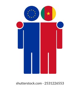 Flat illustration of two human figures with the European Union and Cameroon flags as heads. Minimalistic design, isolated background.