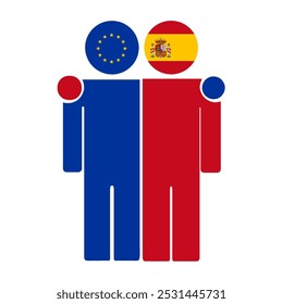 Flat illustration of two human figures with the European Union and Spain flags as heads. Minimalistic design, isolated background.