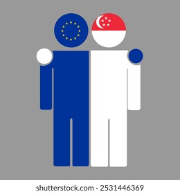 Ilustração plana de duas figuras humanas com as bandeiras da União Europeia e de Singapura como cabeças. Design minimalista, fundo isolado.