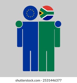 Flat illustration of two human figures with the European Union and South Africa flags as heads. Minimalistic design, isolated background.