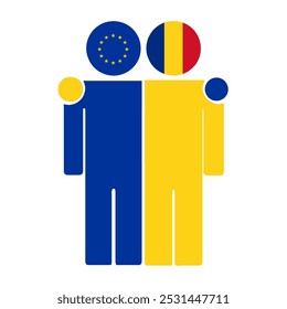 Flat illustration of two human figures with the European Union and Romania flags as heads. Minimalistic design, isolated background.