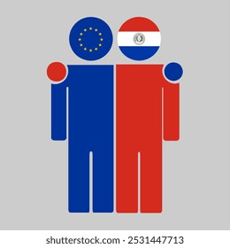 Flat illustration of two human figures with the European Union and Paraguay flags as heads. Minimalistic design, isolated background.