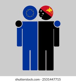 Flat illustration of two human figures with the European Union and Papua New Guinea flags as heads. Minimalistic design, isolated background.