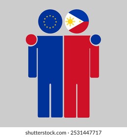 Flat illustration of two human figures with the European Union and Philippines flags as heads. Minimalistic design, isolated background.