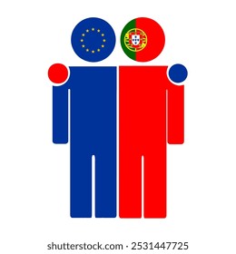 Flat illustration of two human figures with the European Union and Portugal flags as heads. Minimalistic design, isolated background.