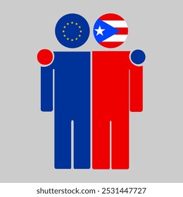 Flat illustration of two human figures with the European Union and Puerto Rico flags as heads. Minimalistic design, isolated background.