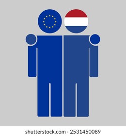 Flat illustration of two human figures with the European Union and Netherlands flags as heads. Minimalistic design, isolated background.