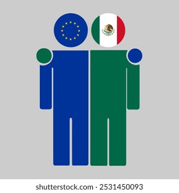 Ilustração plana de duas figuras humanas com as bandeiras da União Europeia e do México como cabeças. Design minimalista, fundo isolado.