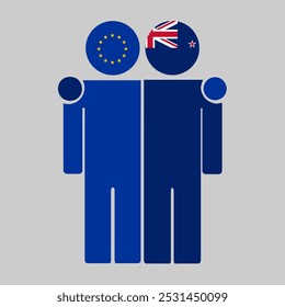 Flat illustration of two human figures with the European Union and New Zealand flags as heads. Minimalistic design, isolated background.