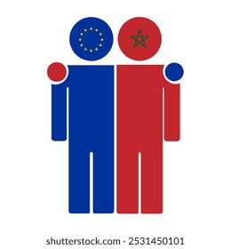 Flat illustration of two human figures with the European Union and Morocco flags as heads. Minimalistic design, isolated background.