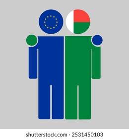 Flat illustration of two human figures with the European Union and Madagascar flags as heads. Minimalistic design, isolated background.