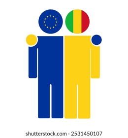 Flat illustration of two human figures with the European Union and Mali flags as heads. Minimalistic design, isolated background.
