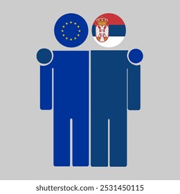 Flat illustration of two human figures with the European Union and Serbia flags as heads. Minimalistic design, isolated background.