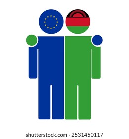 Flat illustration of two human figures with the European Union and Malawi flags as heads. Minimalistic design, isolated background.