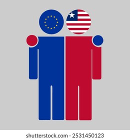 Flat illustration of two human figures with the European Union and Liberia flags as heads. Minimalistic design, isolated background.