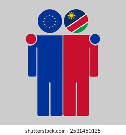 Flat illustration of two human figures with the European Union and Namibia flags as heads. Minimalistic design, isolated background.