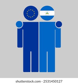 Flat illustration of two human figures with the European Union and Nicaragua flags as heads. Minimalistic design, isolated background.