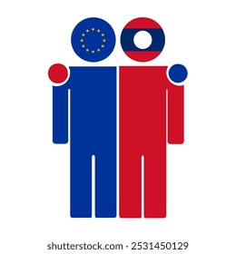 Flat illustration of two human figures with the European Union and Laos flags as heads. Minimalistic design, isolated background.