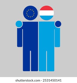 Flat illustration of two human figures with the European Union and Luxembourg flags as heads. Minimalistic design, isolated background.