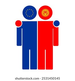 Flat illustration of two human figures with the European Union and Kyrgyzstan flags as heads. Minimalistic design, isolated background.