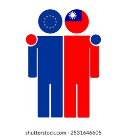 Flat illustration of two human figures with the European Union and Taiwan flags as heads. Minimalistic design, isolated background.