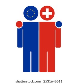 Flat illustration of two human figures with the European Union and Switzerland flags as heads. Minimalistic design, isolated background.