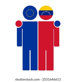 Flat illustration of two human figures with the European Union and Venezuela flags as heads. Minimalistic design, isolated background.