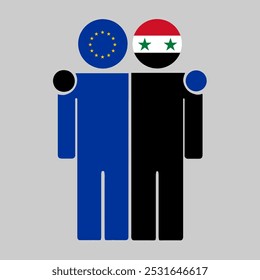Flat illustration of two human figures with the European Union and Syria flags as heads. Minimalistic design, isolated background.