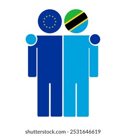 Flat illustration of two human figures with the European Union and Tanzania flags as heads. Minimalistic design, isolated background.