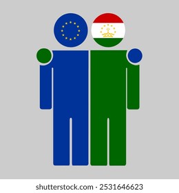 Flat illustration of two human figures with the European Union and Tajikistan flags as heads. Minimalistic design, isolated background.