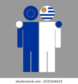 Ilustração plana de duas figuras humanas com as bandeiras da União Europeia e do Uruguai como cabeças. Design minimalista, fundo isolado.