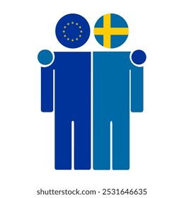 Flat illustration of two human figures with the European Union and Sweden flags as heads. Minimalistic design, isolated background.