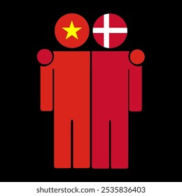 Flat illustration of two human figures with the Vietnam and Denmark flags as heads. Minimalistic design, isolated background.