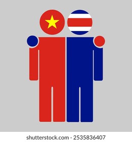 Flat illustration of two human figures with the Vietnam and Costa Rica flags as heads. Minimalistic design, isolated background.