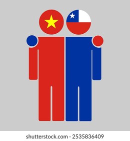 Ilustração plana de duas figuras humanas com as bandeiras do Vietnã e do Chile como cabeças. Design minimalista, fundo isolado.